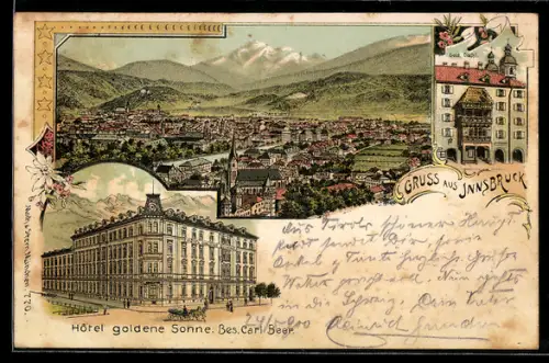 Lithographie Innsbruck, Hotel goldene Sonne von Carl Beer
