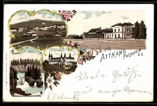 Lithographie Attnang, Puchheim, Traunfall, Bahnhof, Blumen