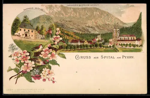 Lithographie Spital am Pyhrn, Gasthaus Grüanau, Grosser Bosruck