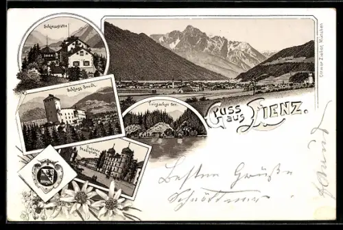 Lithographie Lienz, Schiessstätte, Schloss Bruck, Strassenpartie am unteren Stadtplatz, Tristacher See