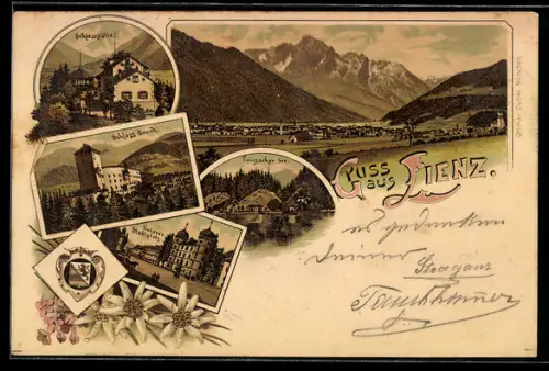Lithographie Lienz, Tristacher See, Schiessstätte, Schloss Bruck, Wappen