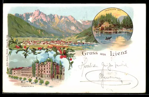 Lithographie Lienz, Tristacher See, Stadtplatz, Ortsansicht aus der Vogelschau