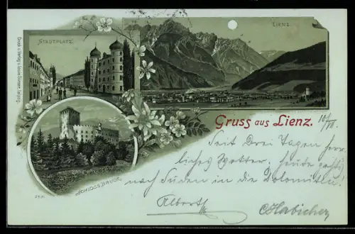 Mondschein-Lithographie Lienz, Schloss Bruck, Stadtplatz