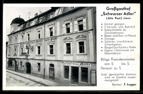 AK Lienz, Gasthof Schwarzer Adler, Bes. F. Lugger, Fassadenansicht