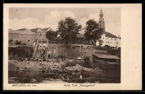 AK Braunau am Inn, Hotel Fink mit Kanustation Nussgarten