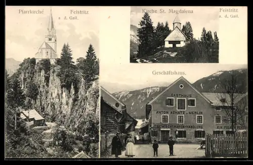 AK Feistritz a. d. Gail, Gasthaus und Gemischtwarenhandlung Anton Achatz, Kirche St. Magdalena, Pfarrkirche