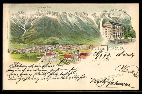 Lithographie Innsbruck, Hotel Kaiserhof, Ortsansicht mit Alpenpanorama