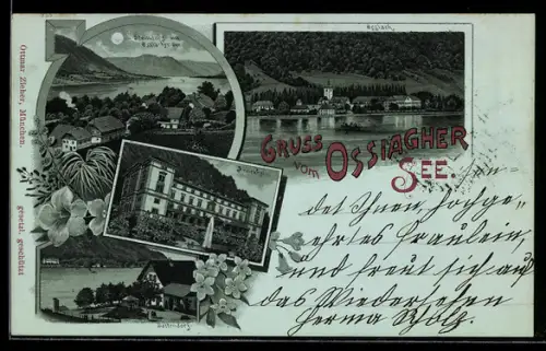 Mondschein-Lithographie Steindorf /Ossiacher See, Annenheim, Sattendorf, Ortsansicht am See