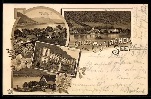Lithographie Steindorf /Ossiacher See, Annenheim, Sattendorf, Ortsansicht am See