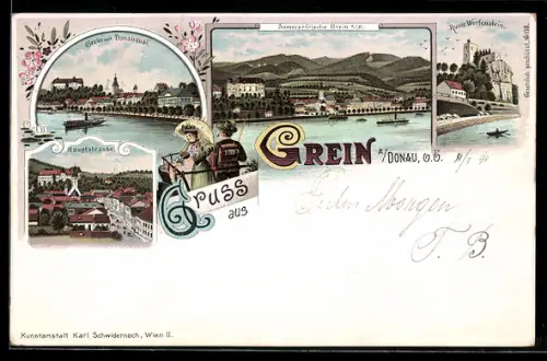 Lithographie Grein, Hauptstrasse, Ruine Werfenstein, Gesamtansicht mit Donauquai
