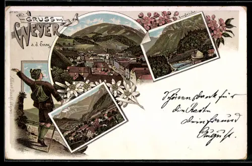 Lithographie Weyer a. d. Enns, Teilansicht der Ortschaft, Ennsbrücke