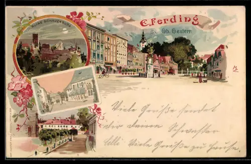 Lithographie Eferding, Ruine Schauenburg, Strassenpartien, Radfahrer