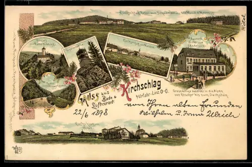 Lithographie Kirchschlag b. Urfahr, Zauner`s Hotel und Badehaus, Schloss und Ruine Wildberg, Giselawarte