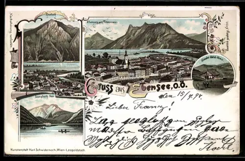 Lithographie Ebensee /O.-Ö., Kranabet Sattel-Alm, Rinnbach, Langbath-See