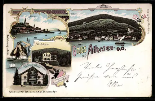 Lithographie Attersee /O.Ö., Ortsansicht mit Kirche am Attersee, Villa Solterer, Handlung Solterer