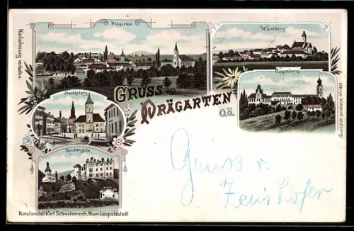 Lithographie Prägarten, Ortsansicht, Marktplatz, Reichenstein, Wartberg, Hagenberg