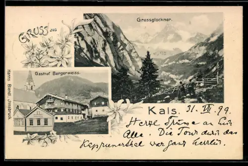 AK Kals, Gasthof Bergerweiss, Blick auf den Glossglockner