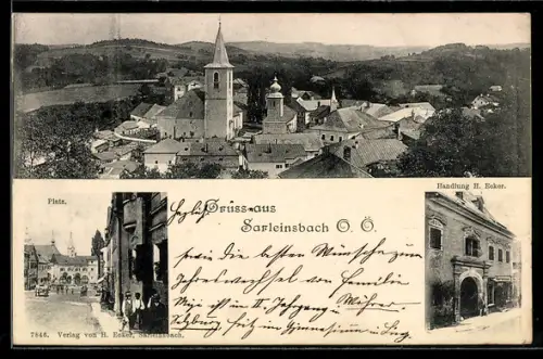 AK Sarleinsbach /O.Ö., Handlung von H. Ecker, Blick auf den Platz, Ortsansicht mit Kirche