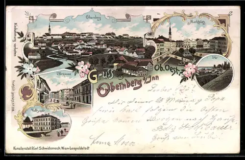 Lithographie Obernberg am Inn, Strassenpartie in der Ufergasse, Marktplatz, Volksschule