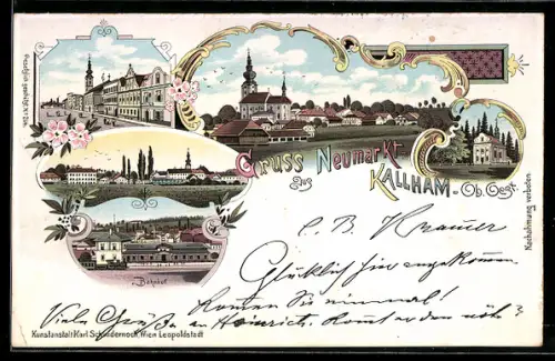 Lithographie Neumarkt-Kallham, Blick zum Ort, Bahnhof, Strassenpartie