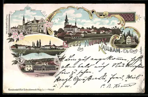 Lithographie Neumarkt-Kallham, Blick zum Ort, Bahnhof, Strassenpartie