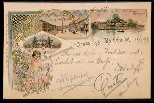 Lithographie Mattighofen, Curhaus, Markt und K. k. Schloss, Putto mit Blüten