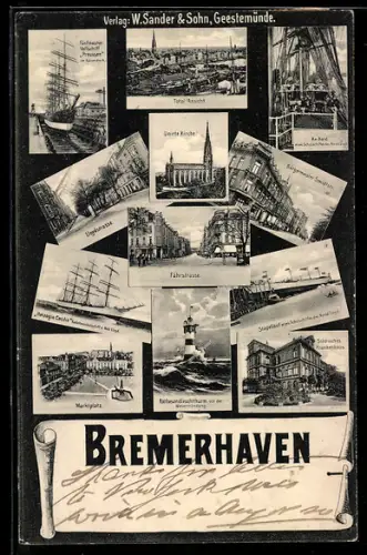 AK Bremerhaven, Fünfmaster-Vollschiff Preussen, Total-Ansicht, Unirte Kirche, LLoydgasse, Fährstrasse, Marktplatz, Stapel