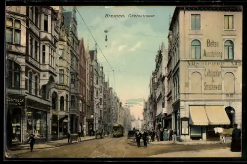 AK Bremen, Obernstrasse mit Geschäften und Strassenbahn