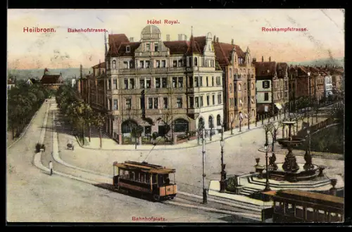 AK Heilbronn, Bahnhofstrasse und Rosskampfstrasse mit Hotel Royal aus der Vogelschau