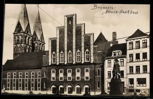 AK Bremen, Neuer Saalbau mit Denkmal