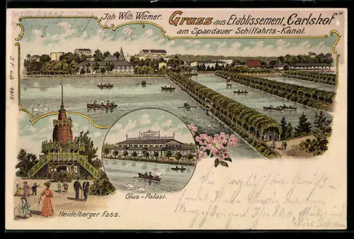 Lithographie Berlin-Charlottenburg, Gasthaus Carlshof, Inh. Wilh. Wiemer, Glas-Palast, Heidelberger Fass
