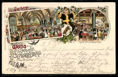 Lithographie Berlin, Gasthaus Pschorrbräu v. Fr. Printz, Friedrichstrasse u. Lokal Französische Strasse