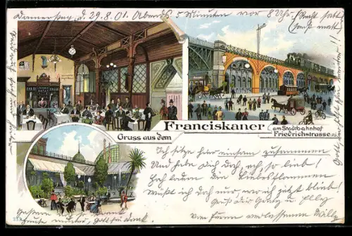 Lithographie Berlin, Georgenstrasse, Gasthaus Franciskaner am Bahnhof Friedrichstrasse