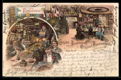 Lithographie Berlin-Charlottenburg, Kaufmann`s Original-Bauernschänke am Kurfürstendamm, Die Katakomben