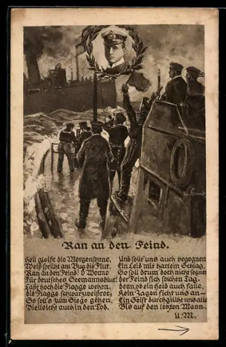 AK Deutsches U-Boot hält gegnerisches Handelsschiff an, Portrait Kapitänleutnant Otto Weddigen