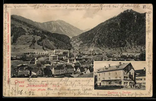 AK Immenstadt, Gasthaus z. Stuiben, Ortsansicht gegen die Berge