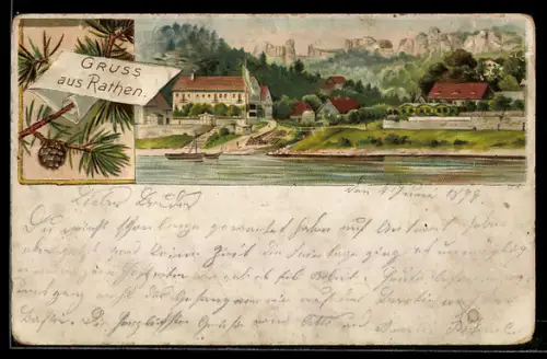 Lithographie Rathen, Teilansicht des Ortes von der Elbe aus mit Blick auf die Bastei