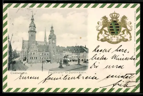 AK Chemnitz, Hauptmarkt mit Denkmälern, Wappen