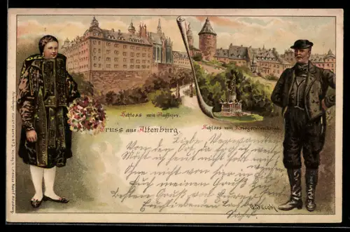 Lithographie Altenburg / S.-A., Schloss mit Kriegerdenkmal, Mann und Frau in Trachten