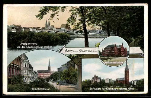 AK Frankfurt a. O., Kgl. Baugewerkschule, Stiftsplatz mit Kirche zum heiligen Kreuz, Bahnhofstrasse mit Strassenbahn