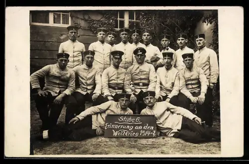 Foto-AK Wildpark b. Potsdam, Gruppenaufnahme von Soldaten der Stube 6 im Weltkrieg 1914