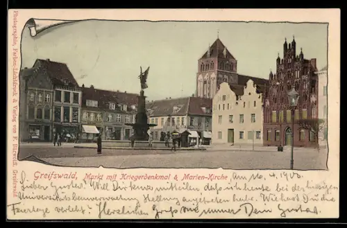 AK Greifswald, Markt mit Kriegerdenkmal & Marien-Kirche