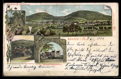 Lithographie Römhild, Waldhaus am Sandbrunnen, Kriegerwaisenhaus, Steinsburg Schutzhaus