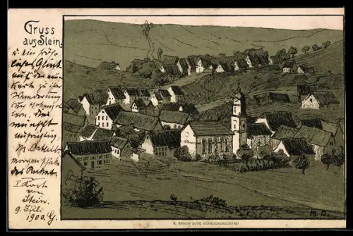Künstler-AK Hechingen-Stein, Ortsansicht mit umliegenden Anhöhen