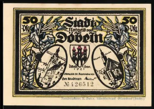 Notgeld Döbeln 1921, 50 Pfennig, Stadtansichten und Angriff auf Kriebstein