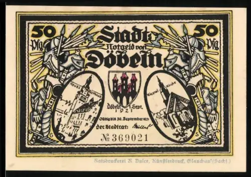Notgeld Döbeln 1921, 50 Pfennig, Neues Rathaus und Nicolaikirche, Klage beim Kurfürsten