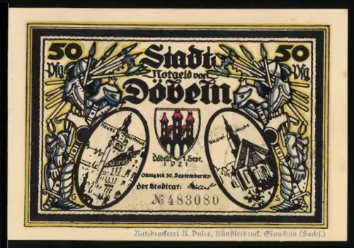Notgeld Döbeln 1921, 50 Pfennig, Stadtansichten und mittelalterliche Szene mit Rittern