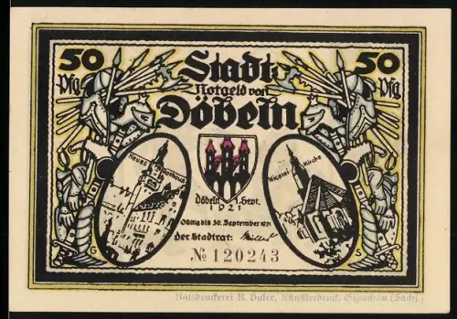Notgeld Döbeln 1921, 50 Pf., Neues Rathaus, Nicolaikirche, Ritter, Bürgerberuhigung, Turm