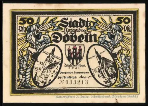 Notgeld Döbeln 1921, 50 Pfennig, Neues Rathaus, Nikolaikirche, Burgenbau-Szene