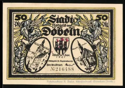 Notgeld Döbeln 1921, 50 Pfennig, Rathaus und Nicolai Kirche, Ritter und Festmahl